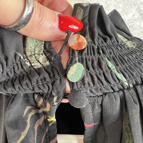 H&M Medium M Frill Ruffle Trimmed Chiffon Blouse Black Floral Smocked High Neck - Picture 14 of 16